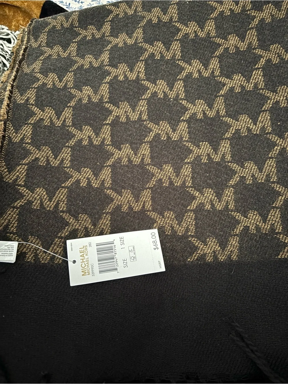 Michael Kors Men’s NWT Black Camel Reversible Logo Knit Scarf Fring
